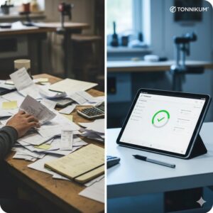 Schreibtisch Handwerker Chaos mit Zetteln und ungestellten Rechnungen kontrastiert mit digitaler Prozessoptimierung auf Tablet, symbolisiert Ende des Umsatzverlusts Handwerk durch Digitalisierung.
